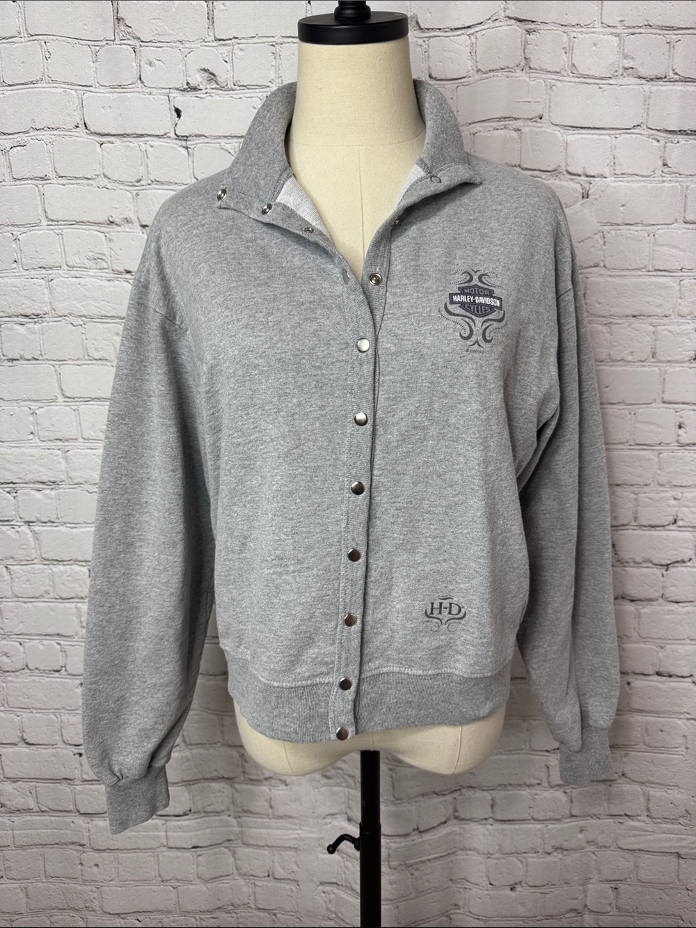 Vintage Harley-Davidson Womens M Gray Snap Front Sweatshirt Jacket USA Berwyn IL